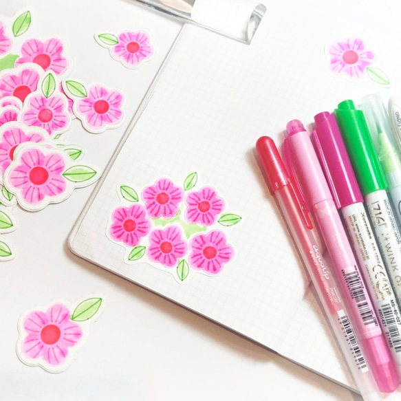 お花シール(ピンク)印刷ではなく全てペンで描いた可愛いお花のシール。ラメペンでキラキラです！華やかな大き目サイズ。 4枚目の画像