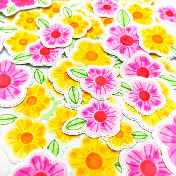 お花シール(ピンク)印刷ではなく全てペンで描いた可愛いお花のシール。ラメペンでキラキラです！華やかな大き目サイズ。 6枚目の画像