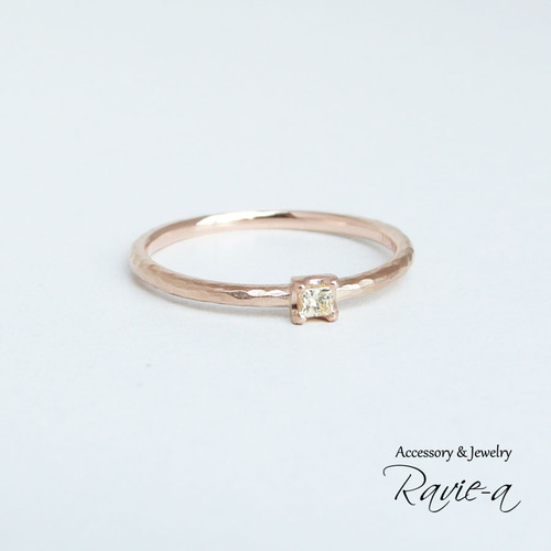 指輪 イエローダイヤモンド 槌目 1粒リング プリンセスカット 華奢