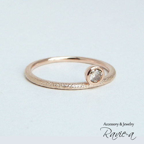 指輪 1粒リング K10 ブラウンダイヤモンド 個性的 ピンクゴールド 槌