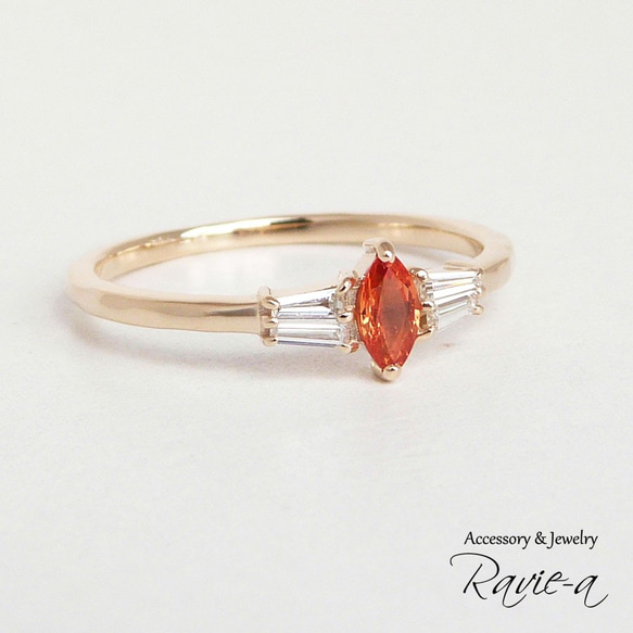 オレンジサファイア 指輪 天然石 ダイヤモンド K10 マーキス 婚約指輪 誕生日プレゼント 3枚目の画像