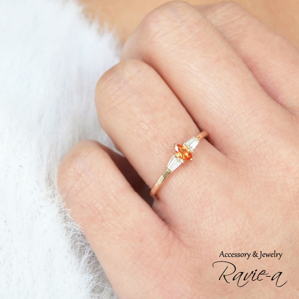 オレンジサファイア 指輪 天然石 ダイヤモンド K10 マーキス 婚約指輪 誕生日プレゼント 6枚目の画像