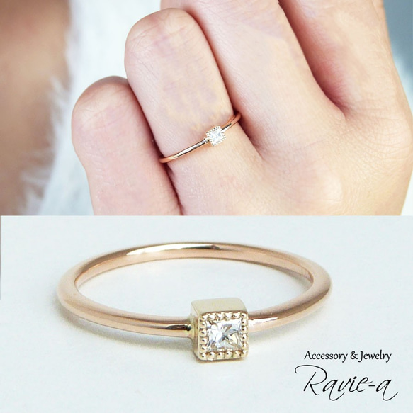 ダイヤモンド 1粒リング 指輪 K10 イエローゴールド プリンセスカット ミルデザイン スクエア 婚約指輪 バースデー 1枚目の画像
