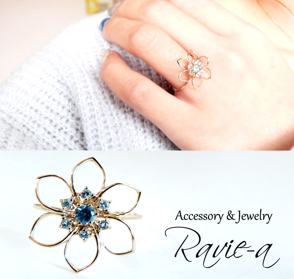 ブルートパーズ リング お花 指輪 Ｋ10 華奢リング  フラワーリング