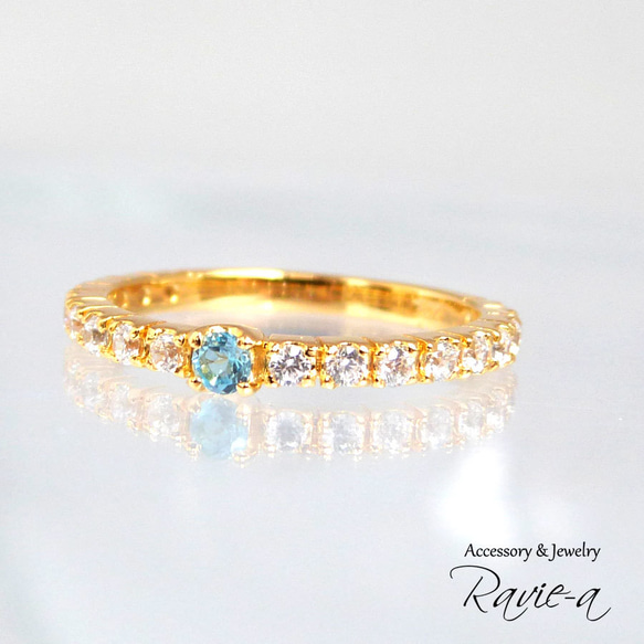 藍色托帕石戒指天然石黃金半永恆戒指生日石小指戒指半訂製戒指 第3張的照片
