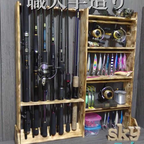 職人が造るロッドスタンド 10本 炙り加工 国産ヒノキ製 リール