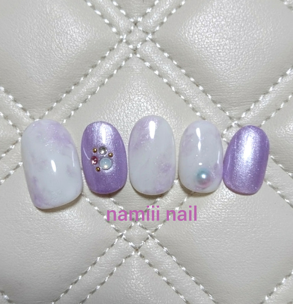 ホワイト＆パープル マーブルネイル ネイルチップ（つけ爪） namiii