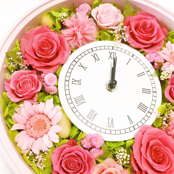 プリザーブドフラワー  花時計　【フレッシュ花時計・ピンク】　フラワー時計　ピンク　時計　壁掛け時計　置き時計 2枚目の画像