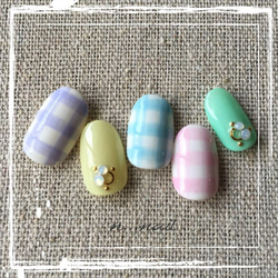 ネイルチップ 現品 オーダー かわいい 春 夏 ギンガムチェック チューリップ ネイルチップ 現品 オーダー かわいい 春 夏 ギンガムチェック