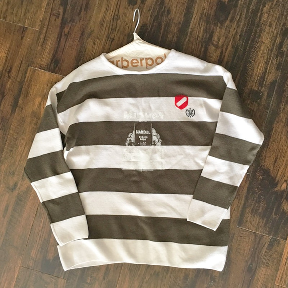 綿混ワイドボーダー/ドロップショルダー/KHAKI×OFFWHITE 2枚目の画像