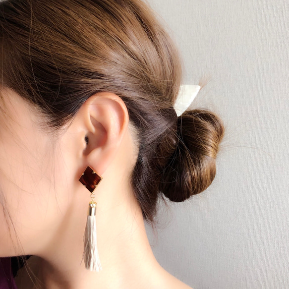 square marble  tassel  べっ甲 /earring/pierce 4枚目の画像