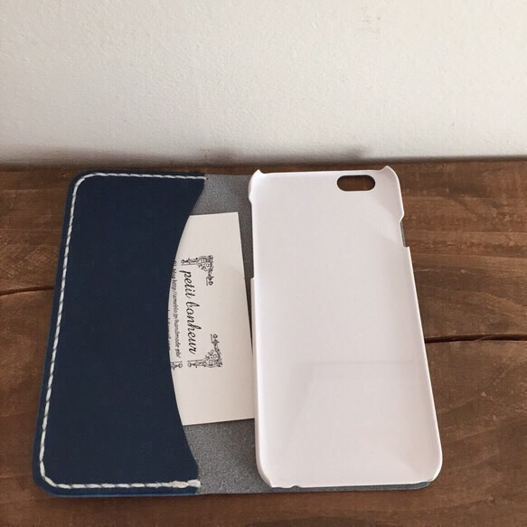 iPhone6ケース 栃木レザーヌメ革 手縫い リボン  ブルー×キャメル 2枚目の画像