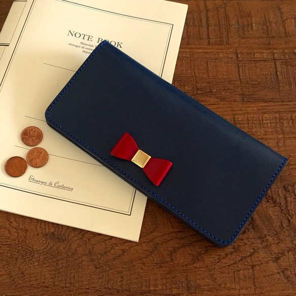 栃木レザーのリボン付き２つ折り長財布  ロングウォレット 1枚目の画像