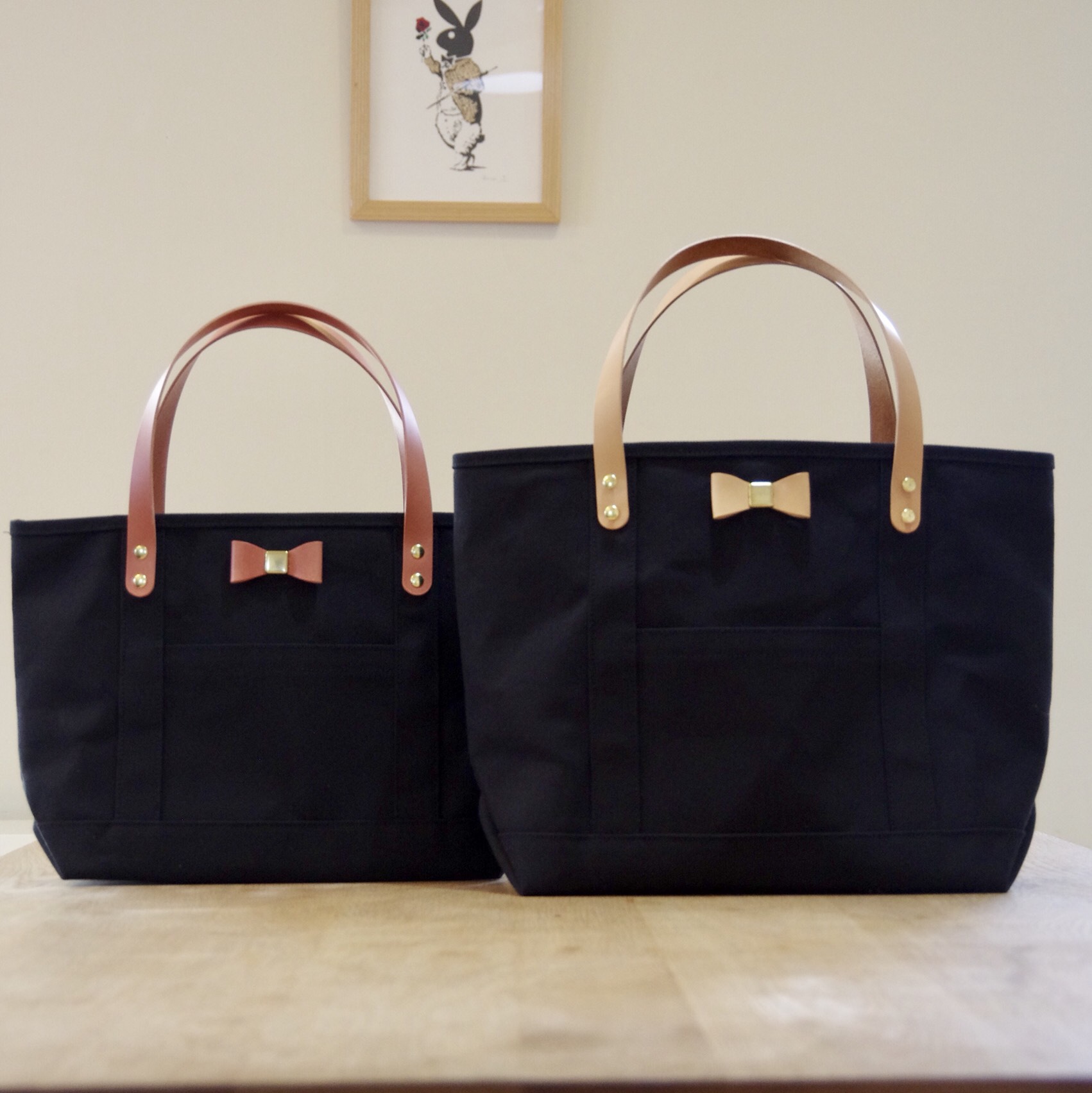 帆布とブッテーロのリボン付きトートバッグ  Lサイズ