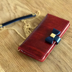 ＊ショルダーチェーン付き 収納たっぷり3段カード 革の宝石ルガトーのiPhoneケース iPhone全機種製作可 1枚目の画像