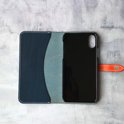 スタンダードラインカラー変更不可 イタリアンレザーブッテーロのフラップ付き手帳型iPhoneケース ブルー 2枚目の画像