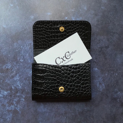 クロコ型押し革リパリのリボン付き名刺ケース カードケース 2枚目の画像