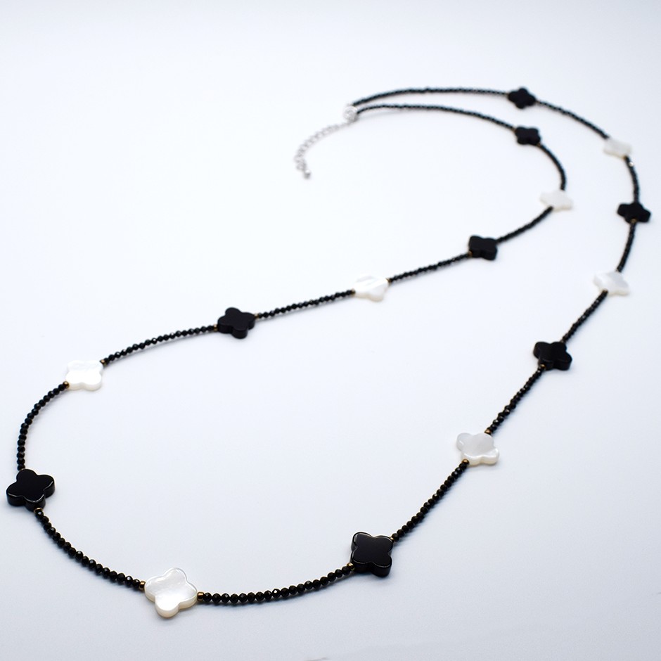 ロングネックレス 白蝶貝 シェル オニキス ブラックスピネル モノトーン アジャスター 送料無料