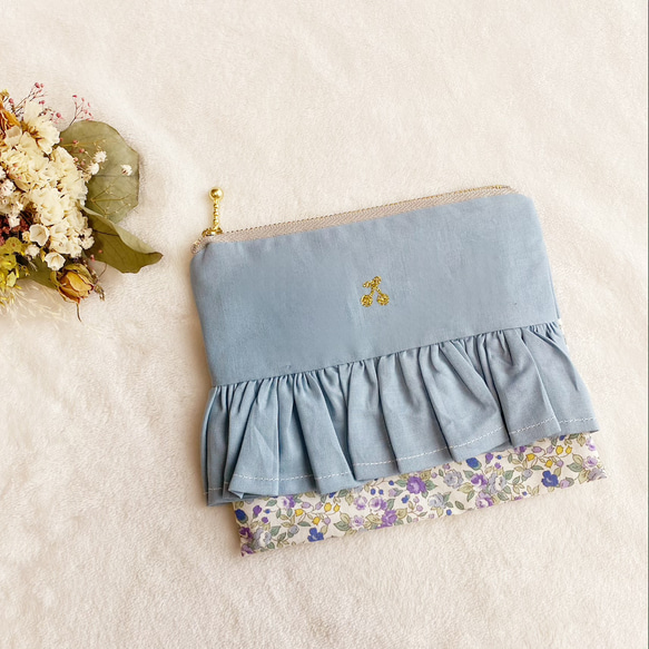 移動ポケット フリルポーチ ♡ ブルー 花柄 さくらんぼ チェリー  