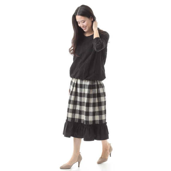 ウールガーゼ　白黒チェック柄ギャザースカート 5枚目の画像