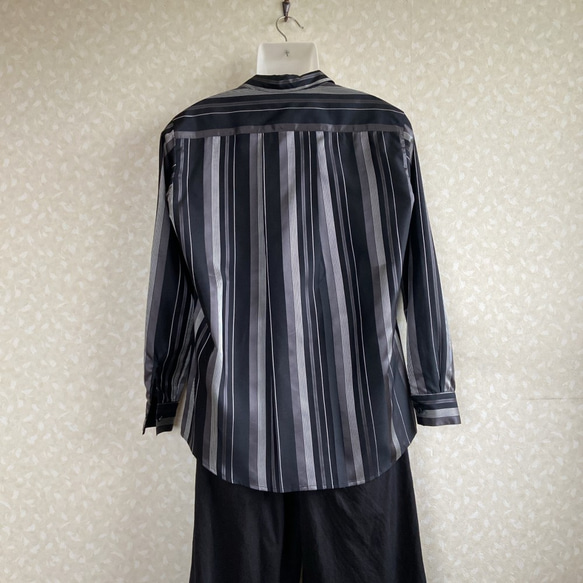 メンズ シルク モノトーン ストライプ 開襟カラー フォーマルシャツ 2枚目の画像