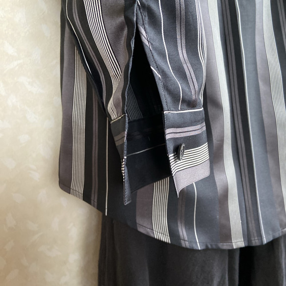 メンズ シルク モノトーン ストライプ 開襟カラー フォーマルシャツ 6枚目の画像