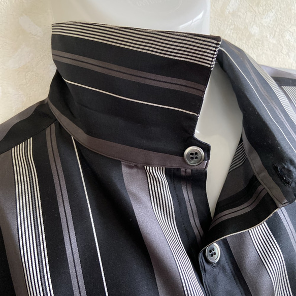 メンズ シルク モノトーン ストライプ 開襟カラー フォーマルシャツ 9枚目の画像