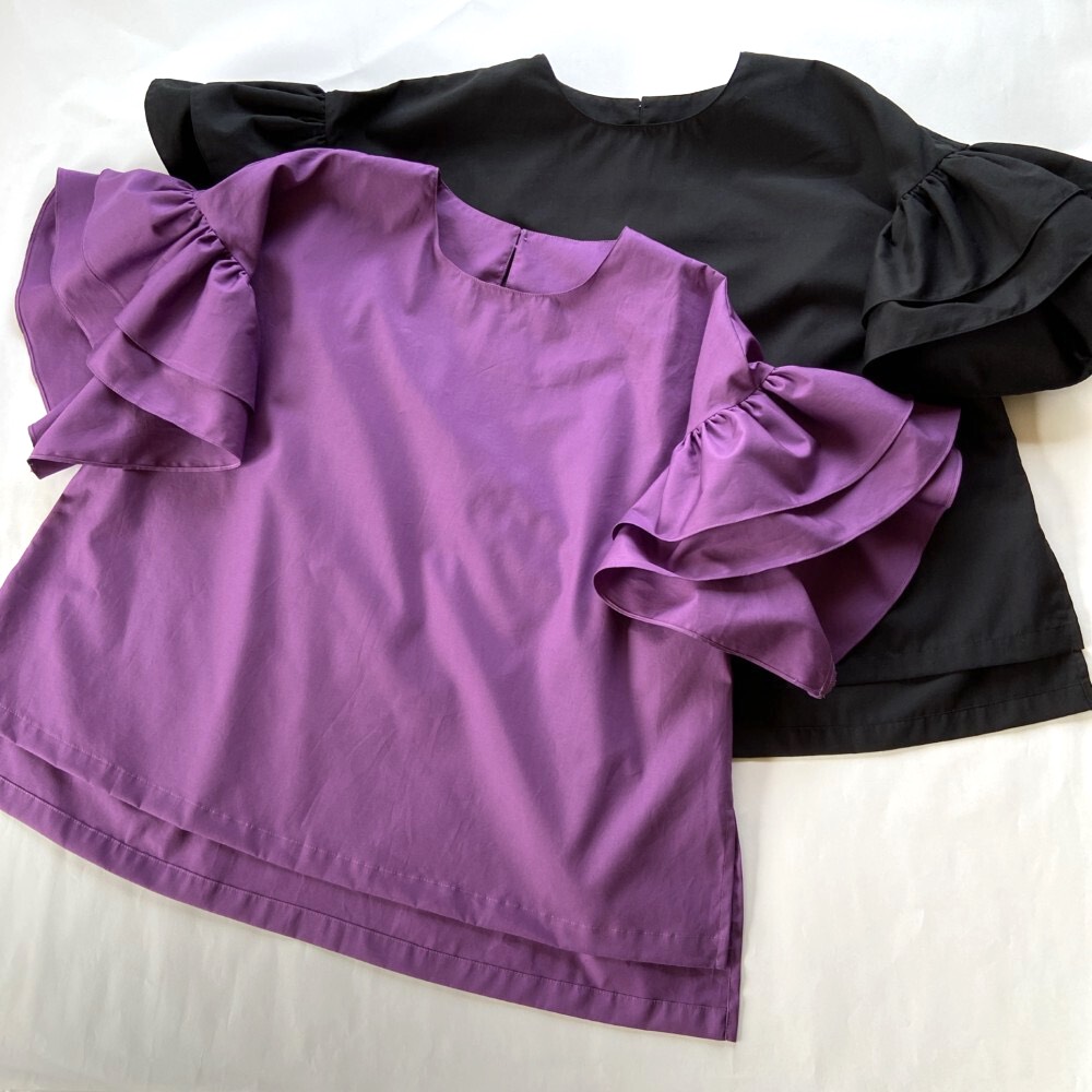 コットンブロード 半袖 ギャザースリーブ ゆったりサイズ ミドル丈 プルオーバーシャツ