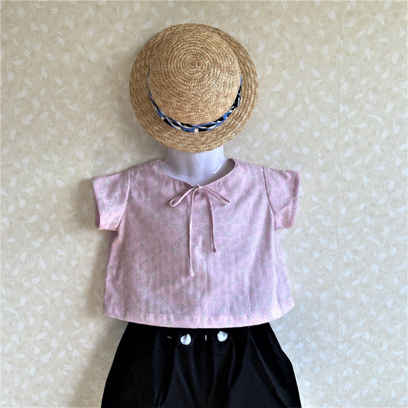 【10%OFF】子供服 夏服 トップス キッズ ダブルガーゼ リボンのシャツ ピンク 80 90 100サイズ 1枚目の画像