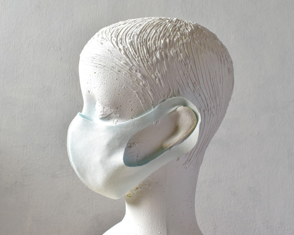 高密度ニット生地　スゴ楽マスク　裁ち切り仕立て　白/水色（女性Mサイズ） 2枚目の画像