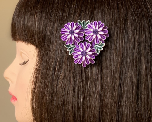 つまみ細工髪飾り　紫陽花＊*　アンティークパープル　コットン　ポニーフック つまみ細工髪飾り半くす三つ花パープル＆ホワイト シルク