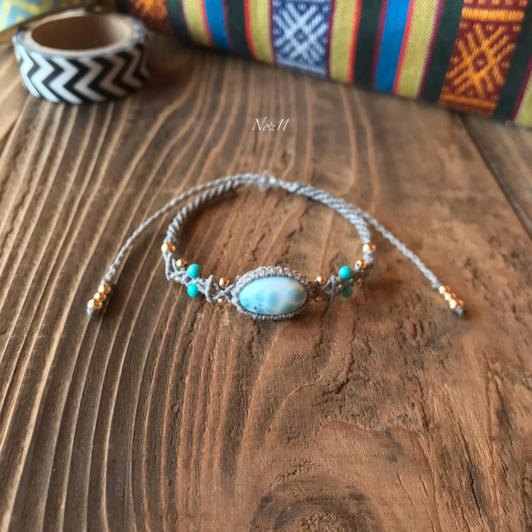 #499マクラメ一粒ブレスレット：ラリマー 499マクラメ一粒ブレスレット：ラリマー