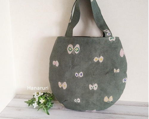 ❀新色❀ハンドメイドஐ..手提げラウンドトート∂бミナペルホネン⚮̈ ラウンドバッグ♪ミナペルホネン hana hane くすみグリーン