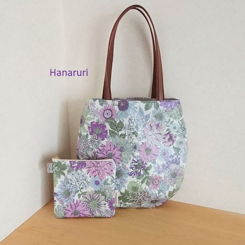再販 丸ライントート＆ポーチ ラベンダー 繊細な花柄 ラミネート 