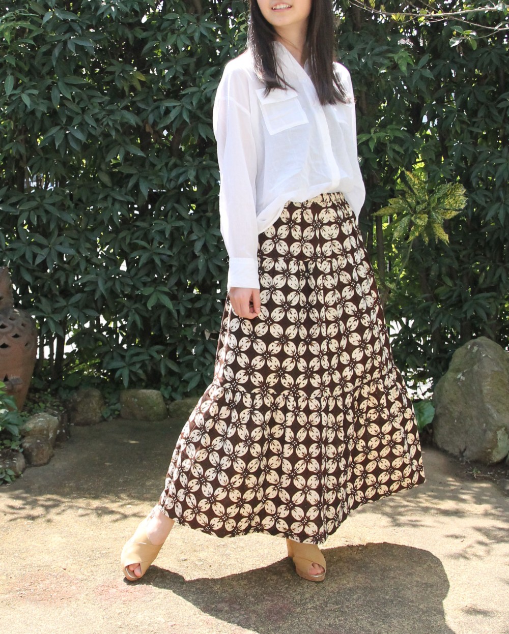 バティック　綿　ティアードスカート　春夏