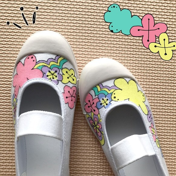 ご入学・ご進級に☆手描き上履きシューズ完成品 女の子-ふわふわんの  