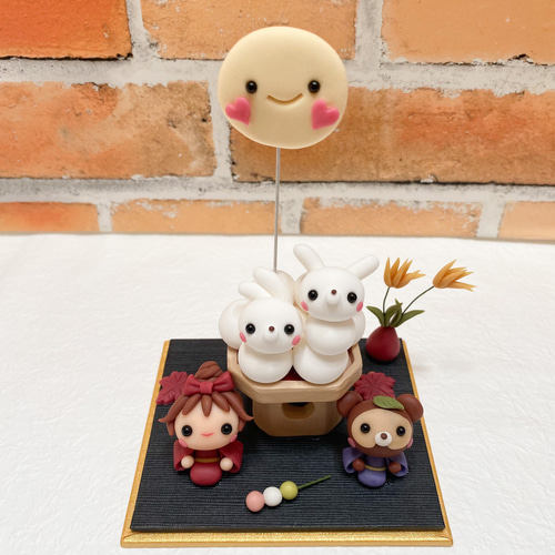お月見作品 うさぎ 鳩三宝 お月見団子 たぬき ミニチュア 樹脂粘土