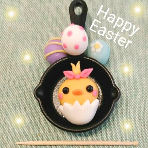 受注制作☆こねこね Happy　Easter　ミニチュア　フライパンマグネット　イースター 樹脂粘土 2枚目の画像