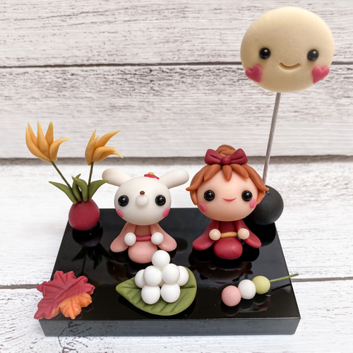 こねこね 樹脂粘土 お月見 女の子 うさぎ ミニチュア お人形 置物 粘土
