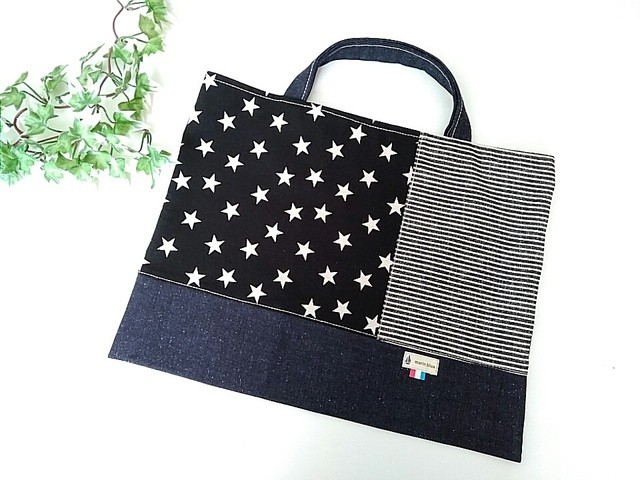 レッスンバック 星柄ブラック×ヒッコリー×デニム ❮入園・入学