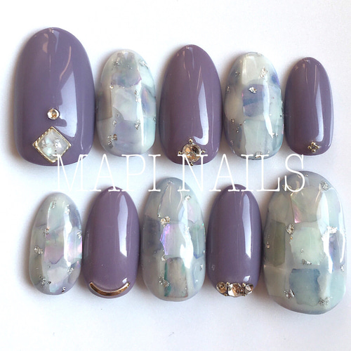 くすみパープル塗りかけネイルチップ 再販☆くすみパープル×シェルネイル♬ ネイルチップ（つけ爪