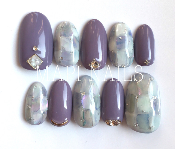 ✳︎くすみパープルと大人シェルネイル✳︎ ネイルチップ（つけ