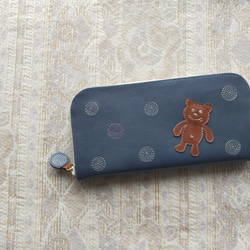 刺繍革財布『SHABON＆bear』ashBLUE（牛革）ラウンドファスナー☆スリムタイプ☆ 5枚目の画像