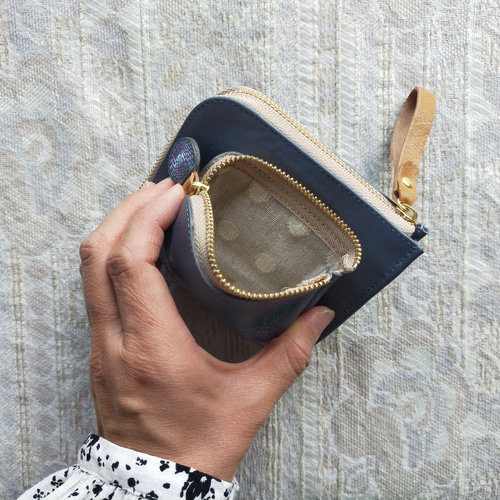 刺繍革財布 『幸せな青い鳥』 アッシュBLUE (牛革) 二つ折りミニ財布