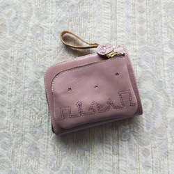 刺繍革財布 『街』灰ピンク☆ 二つ折りミニ財布☆ 2枚目の画像