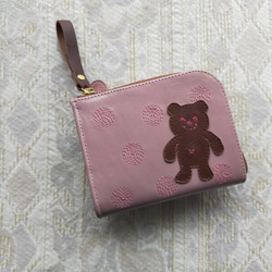 刺繍革財布 『SHABON & bear』 灰ピンク(牛革) 二つ折りミニ財布 1枚目の画像