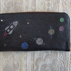 刺繍革財布『宇宙』パール濃グレー×colors（ヤギ革）ラウンドファスナー型 6枚目の画像