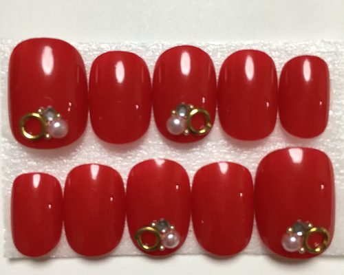 ネイルチップ　赤とストーン つけ爪 No.22]赤/ストーン/大人ネイル/シンプル/レッドネイル/ワンカラー/春夏