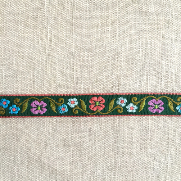 フランスのヴィンテージ刺繍リボン・グリーンにお花50cm 2枚目の画像