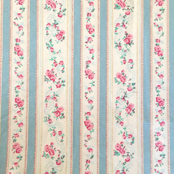 フランスのアンティーク布・水色のストライプとピンクの薔薇 生地